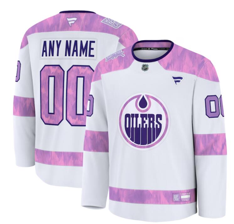Men's Edmonton Oilers Custom Fanatics White 2024 Hockey Fights Cancer Practice Jersey
